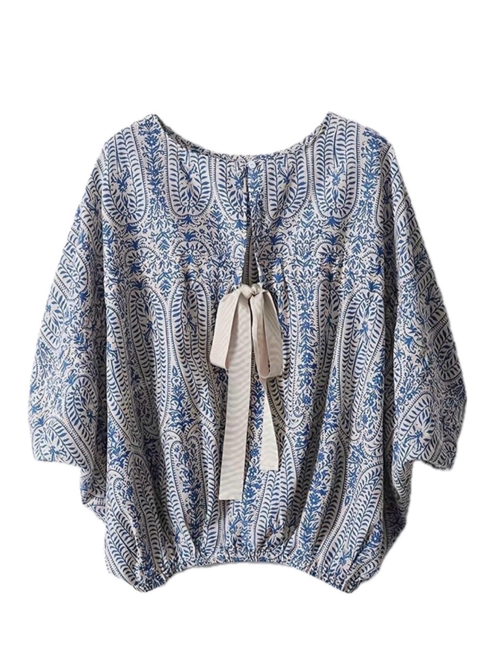 Women’s Blue and Cream Printed Balloon-Sleeve Top with Bow Detail in Back 4X/20